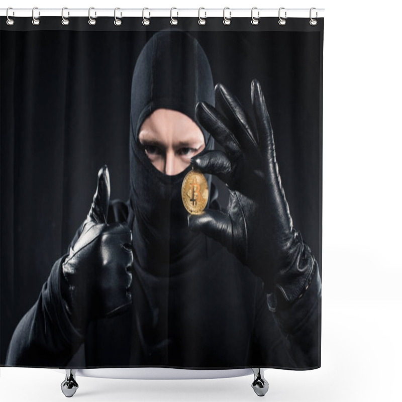 Personality  Man In Black Balaclava Holding Bitcoin And Showing Thumb Up Shower Curtains