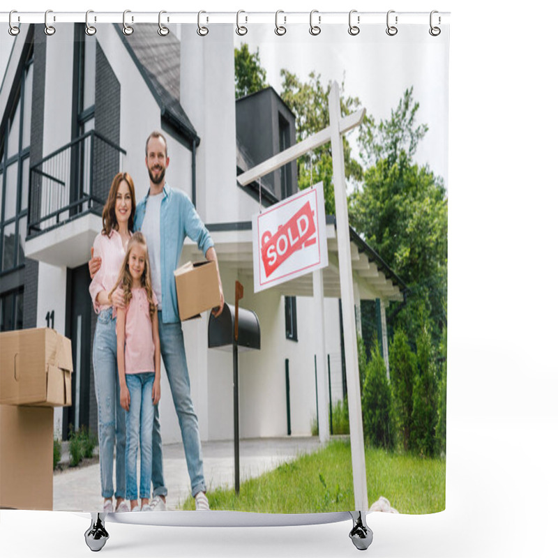 Personality  Happy Man Holding Box And Standing With Wife And Daughter Near House And Board With Sold Letters  Shower Curtains