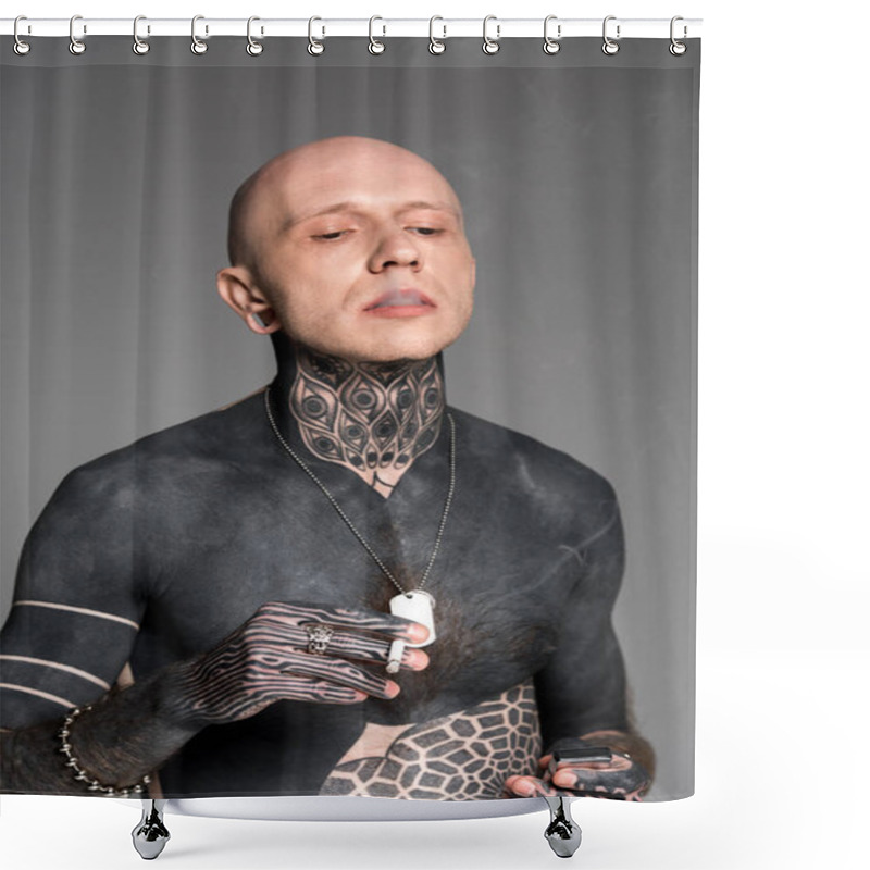 Personality  Bald Shirtless Tattooed Man Holding Lighter And Smoking Cigarette Isolated On Grey Shower Curtains