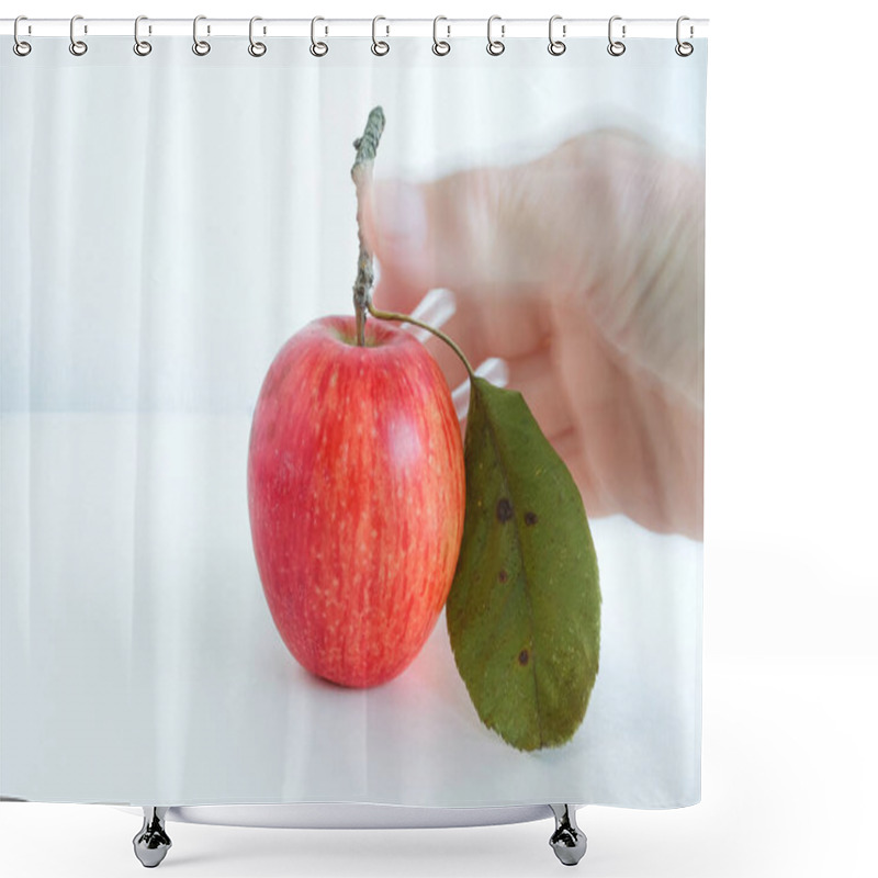 Personality  Blurred Movement Of A Hand Grabbing A Red Apple. White Background. Copy Space. Shower Curtains