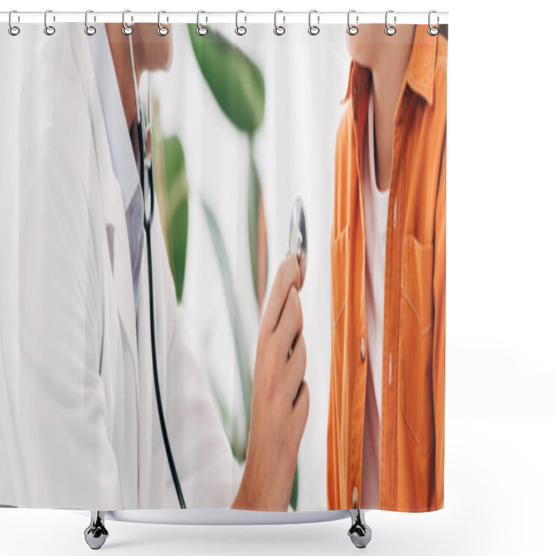 Personality  Panoramic Shot Of Pediatrist In White Coat Examining Kid With Stethoscope Shower Curtains