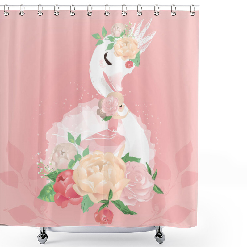 Personality  Beautiful Illustration Of Swan Bird With Crown And Flowers On Pink Background Shower Curtains