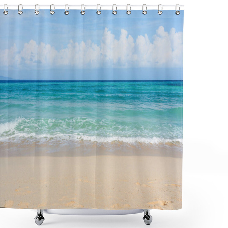 Personality  Sandy Beach With Rolling Calm Wave Of Ocean On Sunny Day On Background White Clouds In Blue Sky Shower Curtains