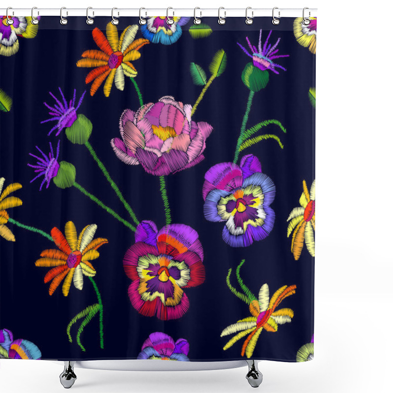 Personality  Seamless Floral Pattern With Embroidered Pansies And Chamomiles. Shower Curtains