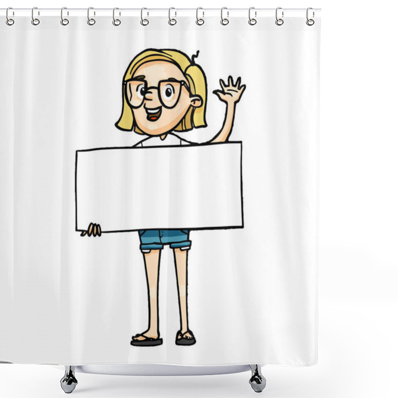 Personality  Smiling Cartoon Girl Holding A Blank Board And Greeting. Vector  Isolated Hand Drawn Character With Empty White Banner For Inscription Shower Curtains