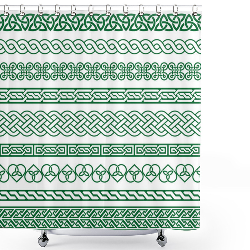 Personality  Celtic Vector Seamless Border Pattern Collection In Green, Irish Braided Frame Designs For Greeting Cards, St Patrick's Day Celebration. Retro Celtic Collection Of Braided Ornaments, Traditional Ornaments From Ireland  Shower Curtains