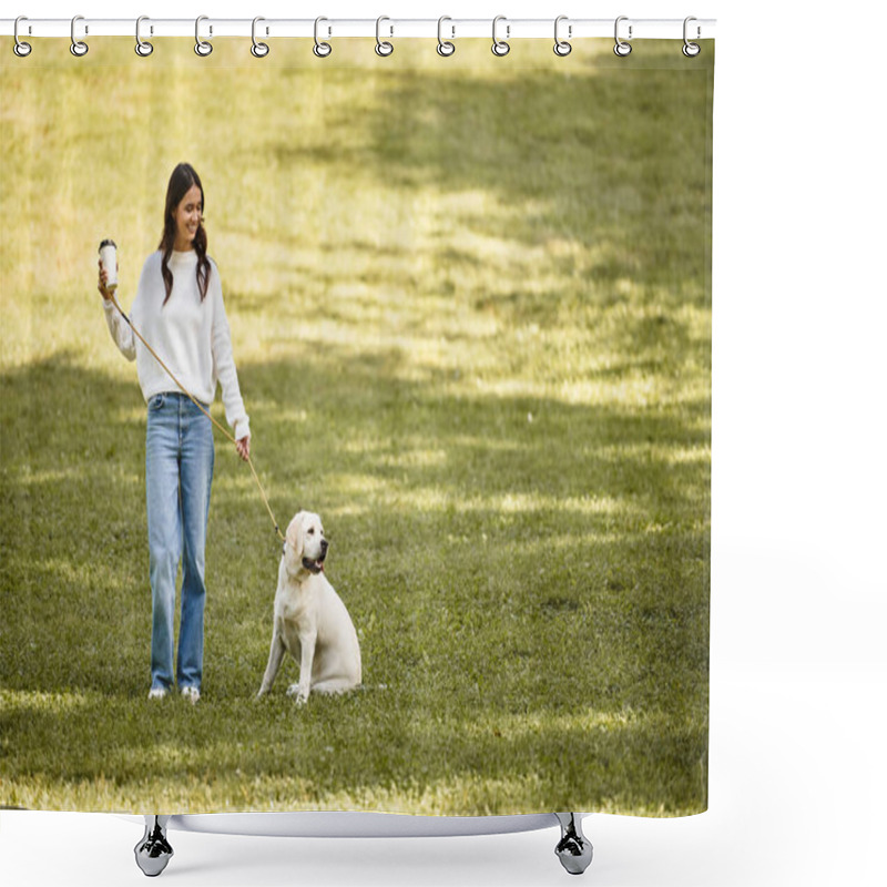 Personality  A Woman In Cozy Autumn Attire Strolls Through A Lush Park With Her Cheerful Dog. Shower Curtains