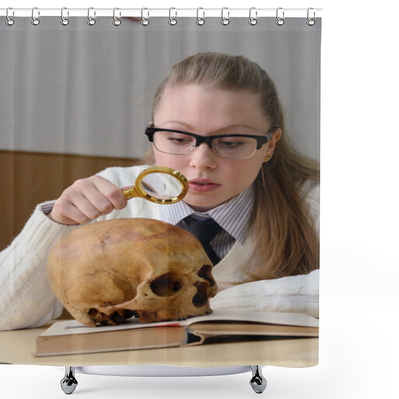 Personality  Woman Examining A Human Skull Shower Curtains