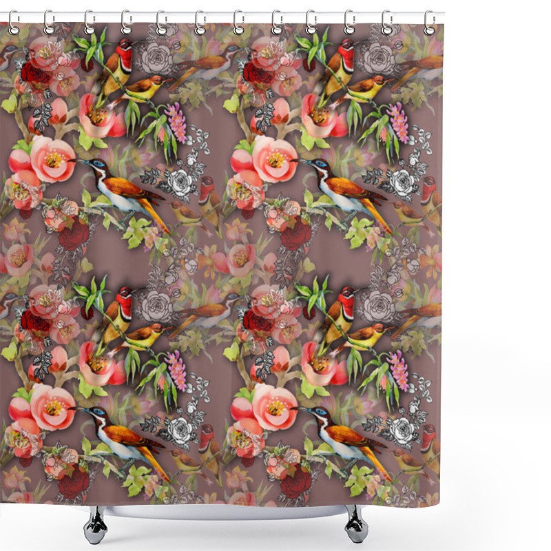 Personality  Seamless Pattern With Birds And Flowers Shower Curtains