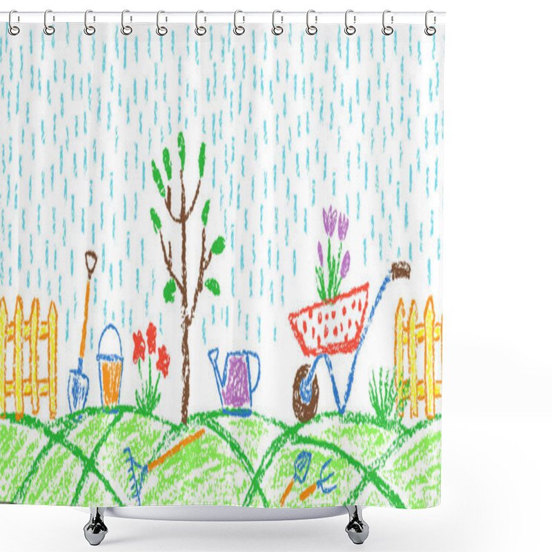 Personality  Rain In Garden. Seamless Summer Border Background Gardening Tools Or Farm Set. Like Child Hand Drawing Outdoor Copy Space. Crayon Pencil Vector Flower, Watering Can, Shovel, Fence, Cart, Plant, Rake Shower Curtains