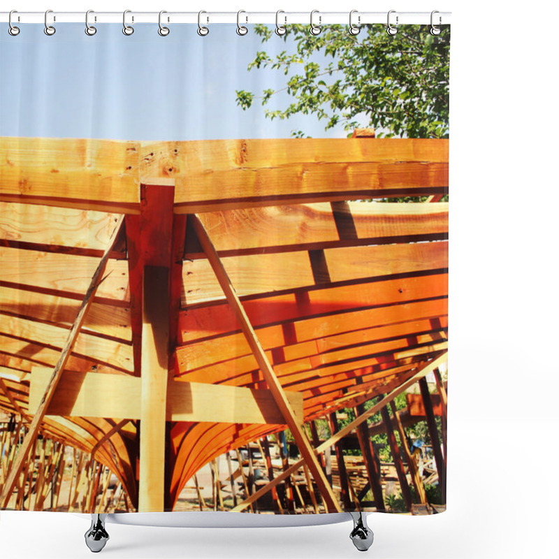 Personality  Small Tourist Boat Under Construction. Aged Photo. Shower Curtains