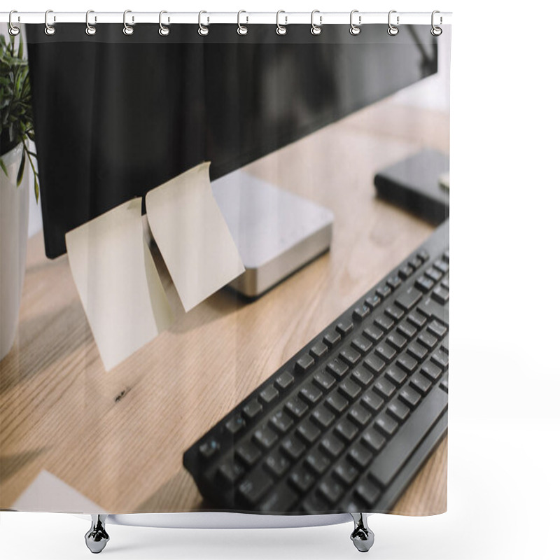 Personality  Close-up Shot Of Computer Screen With Blank Stickers And Keyboard At Modern Workplace Shower Curtains