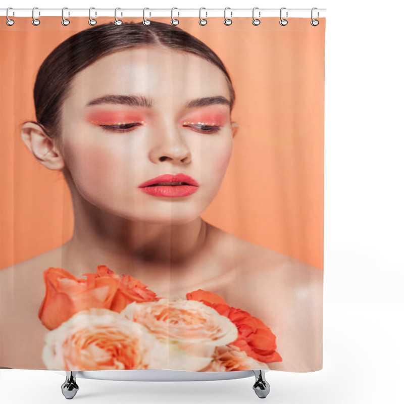 Personality  Selective Focus Of Beautiful Stylish Girl Posing With Rose Flowers Isolated On Coral Shower Curtains