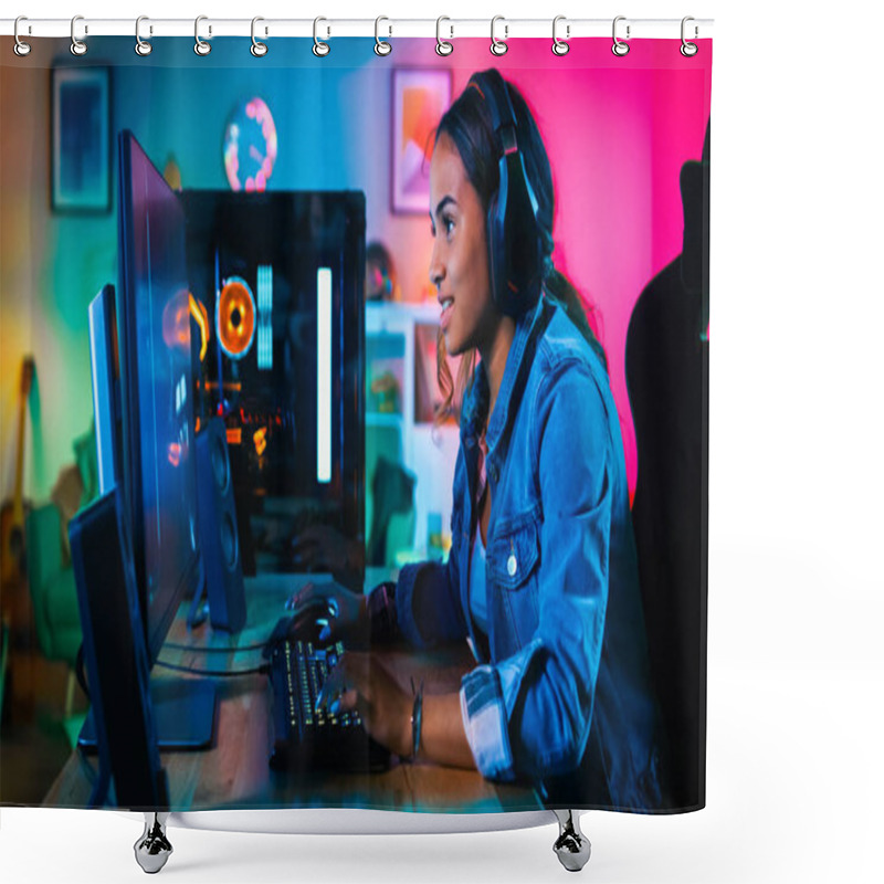 Personality  Portrait Of A Pretty And Excited Black Gamer Girl With Headphones Smiling To The Camera. She Is Sitting On Chair Next To Powerful Personal Computer. Home And PC Is Lit With Neon Lights. Shower Curtains