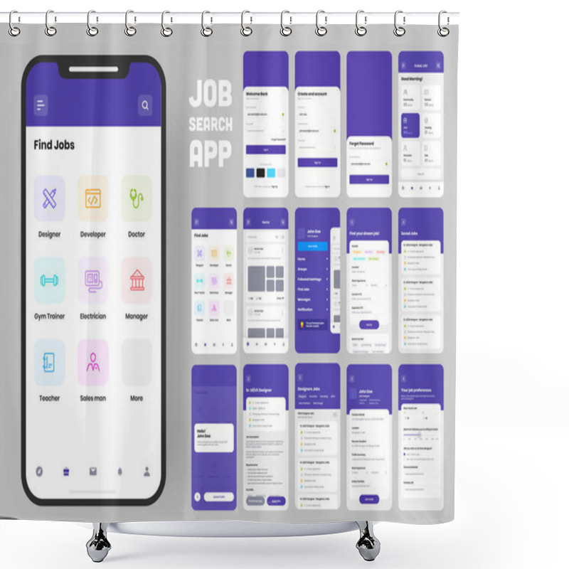 Personality  Job Search App UI Kit For Responsive Web Template With Different Application Layout Including Create Account, Job Vacancy, Preference And User Recruitment. Shower Curtains