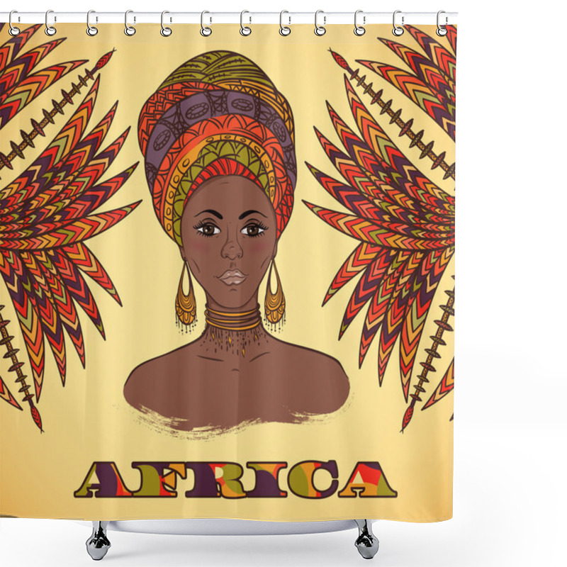 Personality  Beautiful African Woman In Turban And Abstract Palm Leaves With Ethnic Geometric Ornament. Hand Drawn Vector Illustration. Design, Card, Print, Poster, Postcard Shower Curtains