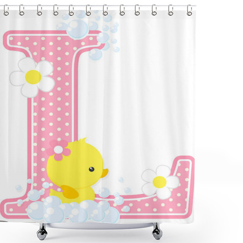 Personality  Initial L With Flowers And Cute Rubber Duck Isolated On White. Can Be Used For Baby Girl Birth Announcements, Nursery Decoration, Party Theme Or Birthday Invitation. Design For Baby Girl Shower Curtains