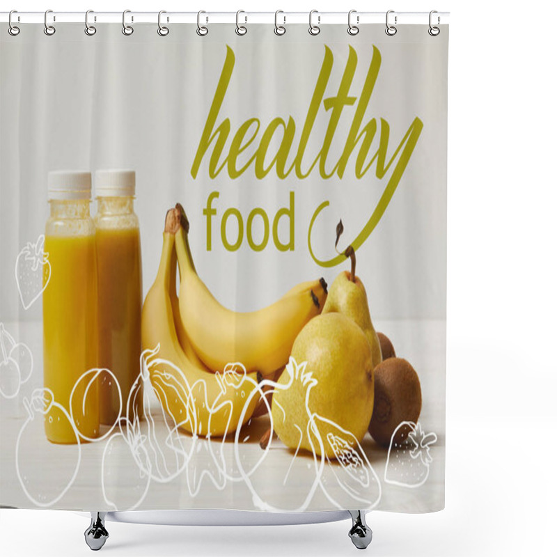 Personality  Yellow Detox Smoothies In Bottles With Bananas, Pears And Kiwis On White Background, Healthy Food Inscription Shower Curtains