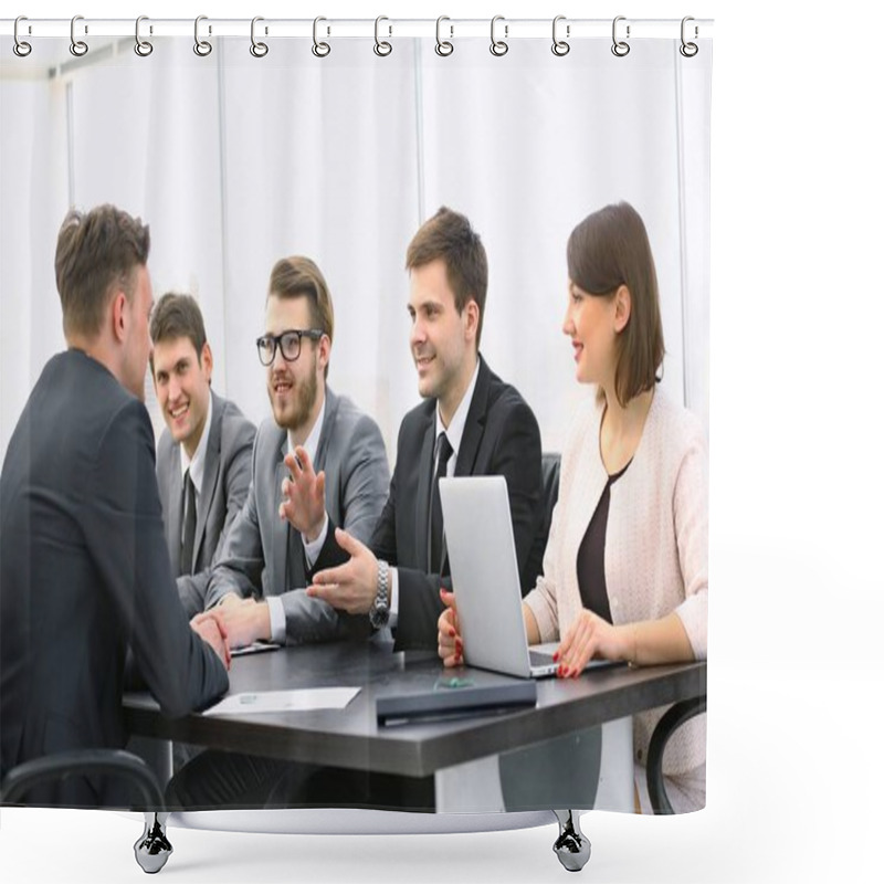 Personality  Businessman Talking To A Business Team At A Desk Shower Curtains