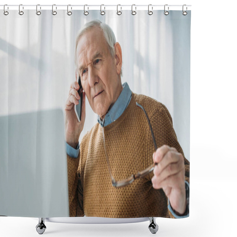 Personality  Senior Busy Man Working In Office And Making Phone Call Shower Curtains