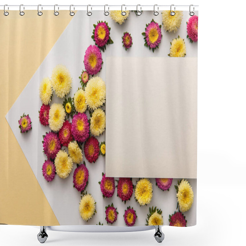 Personality  Top View Of Yellow And Purple Daisy Flowers With Blank Paper On White And Yellow Background Shower Curtains