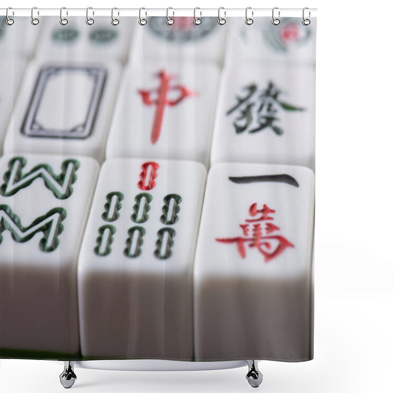 Personality  KYIV, UKRAINE - JANUARY 30, 2019: Selective Focus Of Field Of Mahjong Game Tiles With Signs And Characters  Shower Curtains