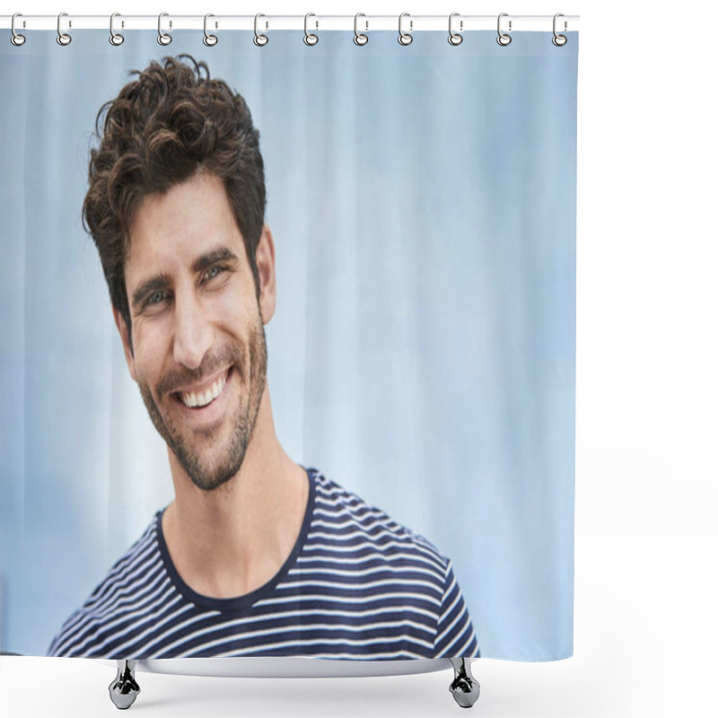 Personality  Portrait Of Young Guy In Striped Top, Smiling Shower Curtains