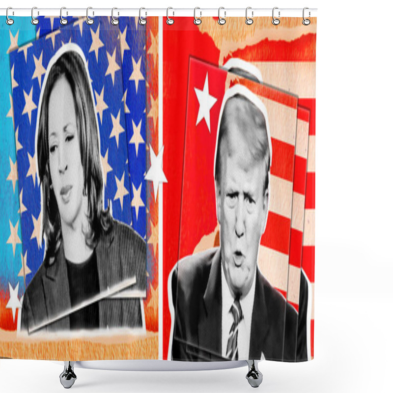 Personality  Photo Collage With Halftone Effect. Photo Illustration Portrait Of Donald Trump And Kamala Harris Against The Background Of The American Flag. Shower Curtains