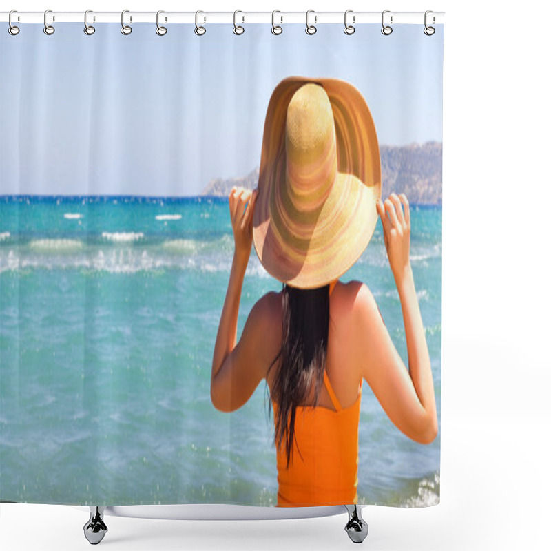 Personality  Woman Standing On Shoreline Shower Curtains