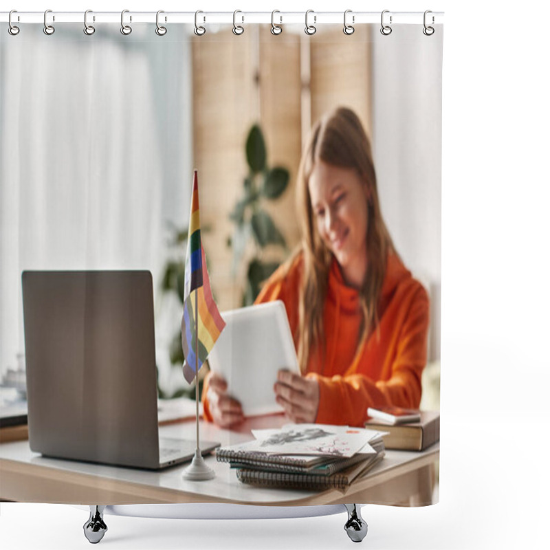 Personality  Cheerful Teenage Girl With Tablet Engaging In E-learning Process Near Lgbtq Pride Flag On Desk Shower Curtains