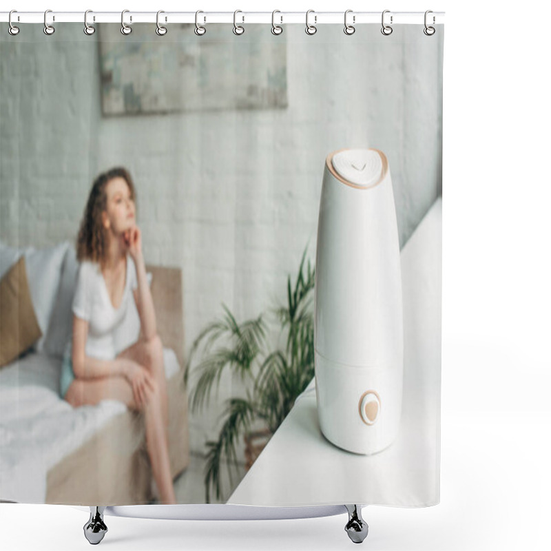 Personality  Selective Focus Of Attractive Girl Sitting On Bed With Air Purifier On Windowsill Shower Curtains