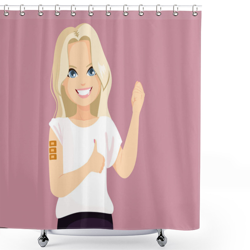 Personality  Beautiful Young Blonde Woman With Three Band Aid Complete Vaccine Dose Concept For Coronavirus Epidemic Prevention Shower Curtains