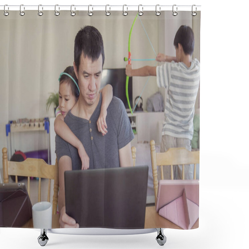 Personality  Father Working From Home With Children. Homeschooling, Stay Home, Social Distancing During Coronavirus Quarantine Isolation, Freelance Job Concept Shower Curtains