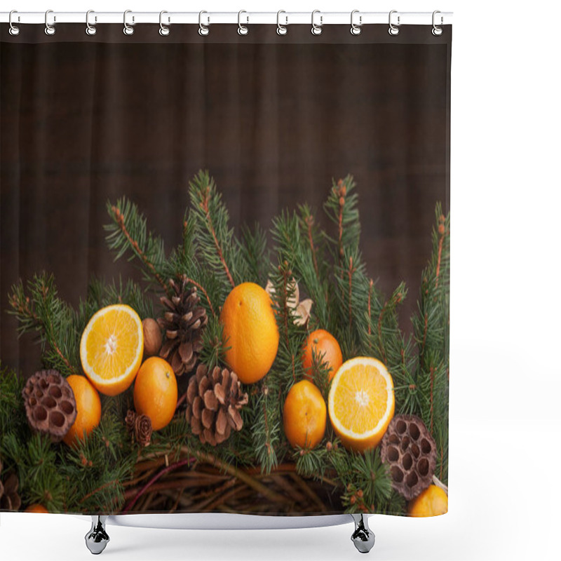 Personality  Fir Tree Branches With Christmas Decoration On Dark Wooden Backg Shower Curtains