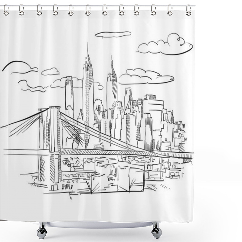 Personality  Manhattan And Brooklyn Bridge Detailed Sketch Shower Curtains