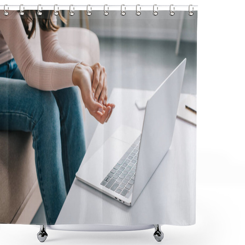 Personality  Partial View Of Woman Suffering From Pain In Hand While Using Laptop At Home Shower Curtains