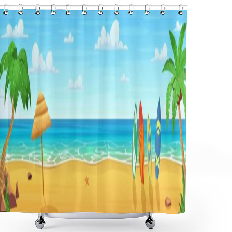 Personality  Summertime On The Beach. Palms And Plants Around Shower Curtains