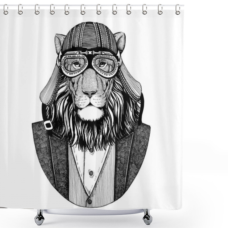 Personality  Wild Cat. Lion. Animal Wearing Jacket With Bow-tie And Biker Helmet Or Aviatior Helmet. Elegant Biker, Motorcycle Rider, Aviator. Image For Tattoo, T-shirt, Emblem, Badge, Logo, Patch Shower Curtains