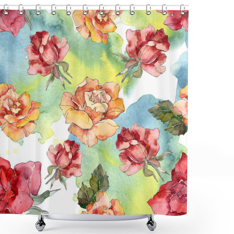 Personality  Orange And Red Rose Floral Botanical Flower. Wild Spring Leaf Isolated. Watercolor Illustration Set. Watercolour Drawing Fashion Aquarelle. Seamless Background Pattern. Fabric Wallpaper Print Texture. Shower Curtains