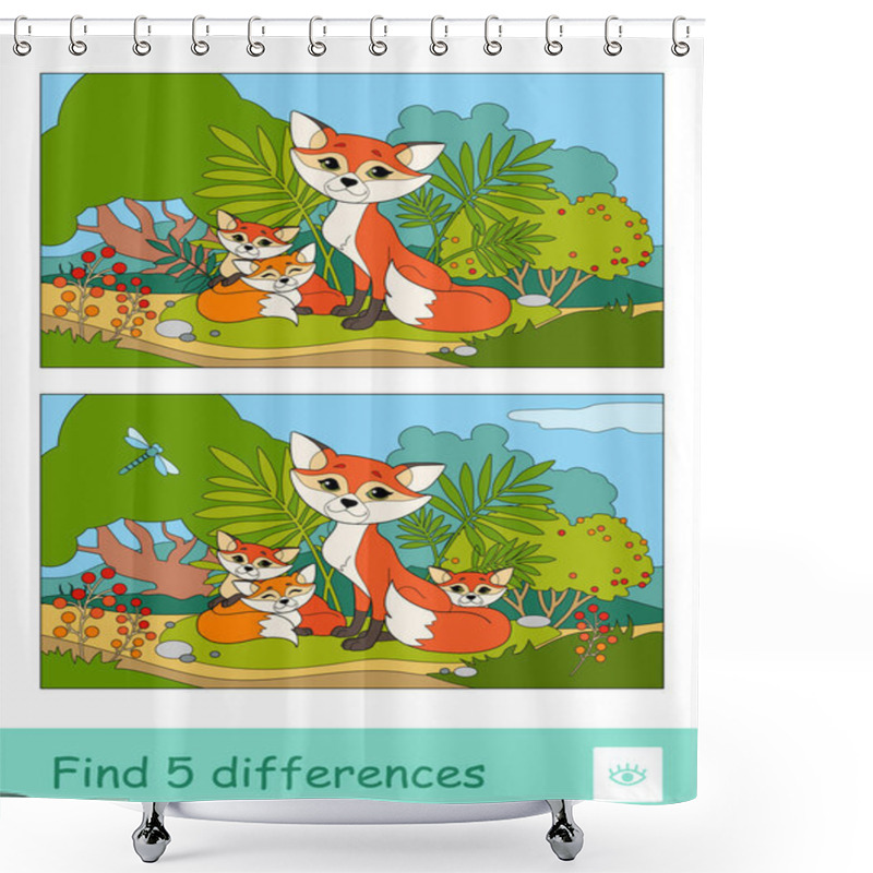 Personality  Find Five Differences Quiz Learning Children Game With Image Of A Mother Fox And Two Baby Foxes Sitting Under The Bush In A Wood. Colorful Image Of Wild Animals Developmental Activity. Shower Curtains