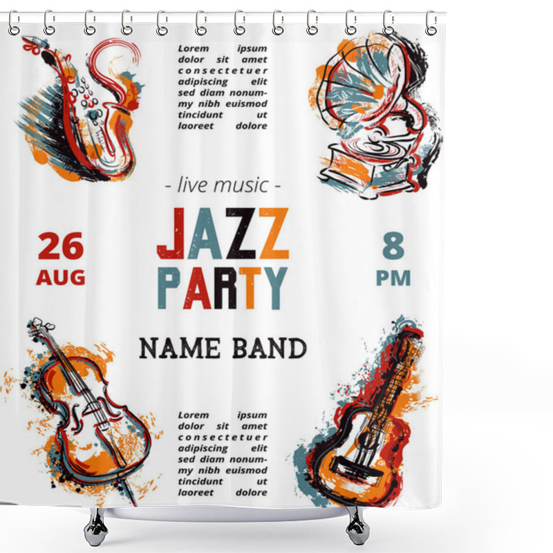 Personality  Jazz Music Party Poster With Musical Instruments. Saxophone, Guitar, Cello, Gramophone With Grunge Watercolor Splashes. Design Template For Invitation, Card, Placard And Flyer. Vector Illustration  Shower Curtains