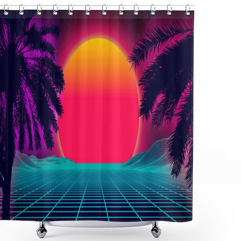 Personality  3d Sunset On The Beach. Retro Palms Vector Sci Fi Background. Digital Landscape Cyber Surface. 80s Party Background. Shower Curtains