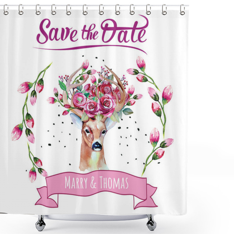 Personality  Card With Deer And Flowers Shower Curtains