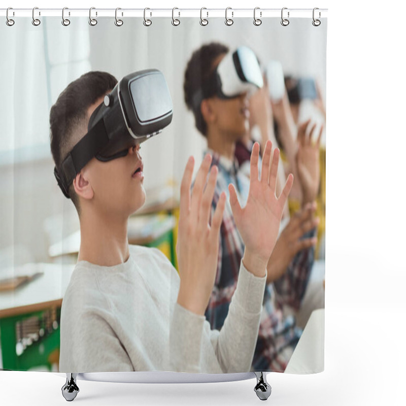 Personality  Side View Of Multicultural High School Teenage Students Using Virtual Reality Headsets  Shower Curtains