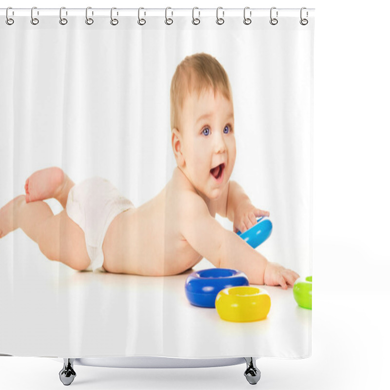 Personality  Beautiful Baby Crawling And Playing With Toys Shower Curtains