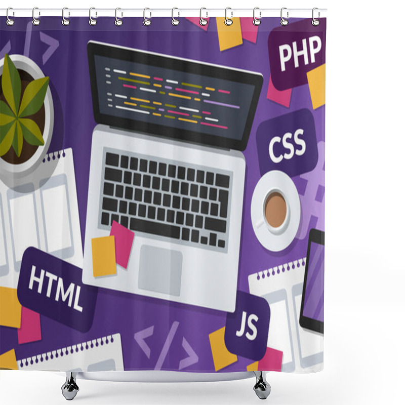 Personality  Web Development And Coding Concept On Purple Background. Flat Lay Illustration Of A Programmer Busy Workspace With Laptop And Programming Languages. Shower Curtains