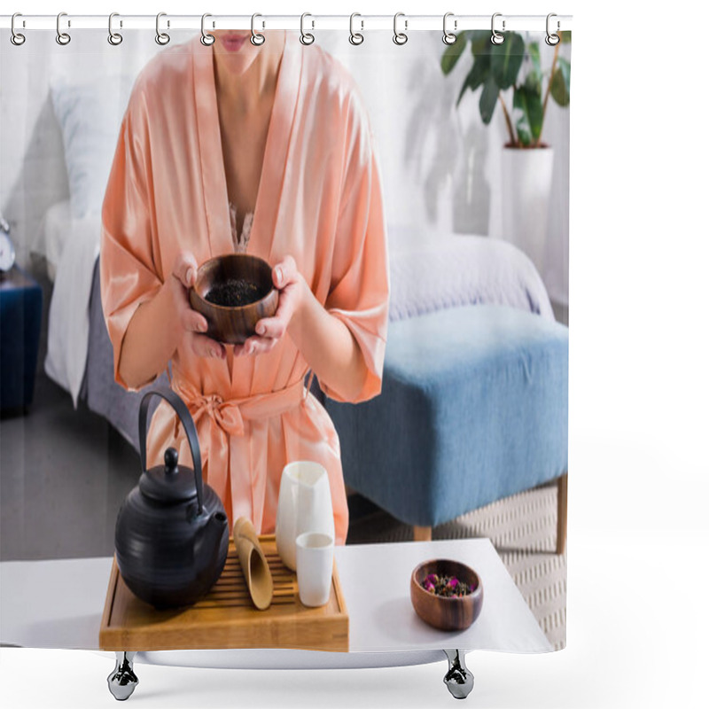 Personality  Cropped Shot Of Woman Holding Wooden Bowl With Black Tea In Hands In Morning At Home Shower Curtains