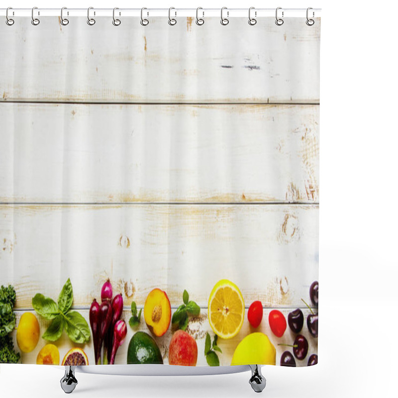 Personality  Fresh Fruit, Vegetables And Greens Flat Lay. Summer Food Concept. Healthy Life And Vegetarian, Vegan, Dieting, Clean Eating Ingredients Shower Curtains