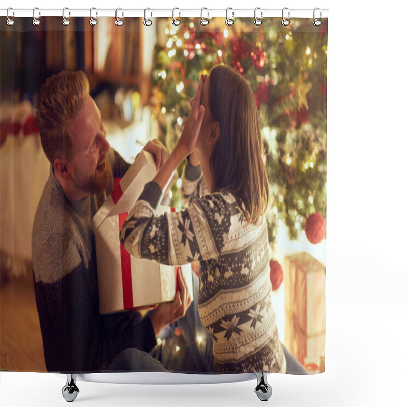 Personality  Romantic Surprise Holiday  Cheerful Young Couple With Gift Enjoying Together On Christmas Eve Shower Curtains