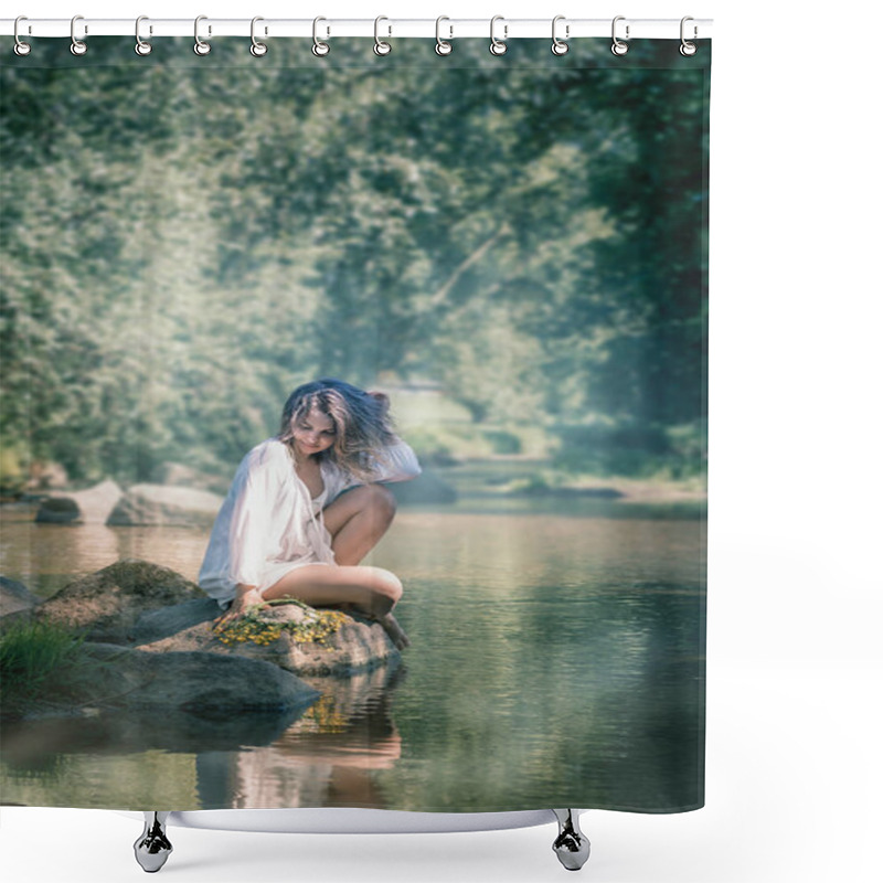 Personality  Woman Sits On A Rock On The Shore Of A Lake Shower Curtains